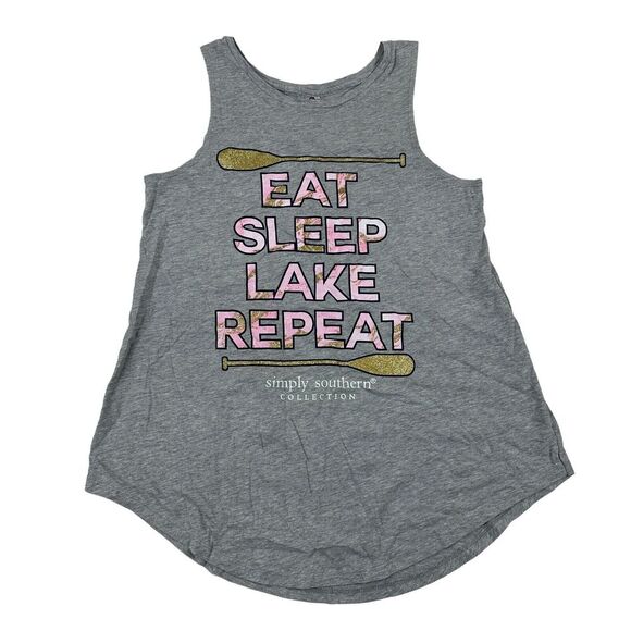 Simply Southern Gray Tank Top "Eat Sleep Lake Repeat" Graphic Tee Glitter Sz M - Picture 1 of 6